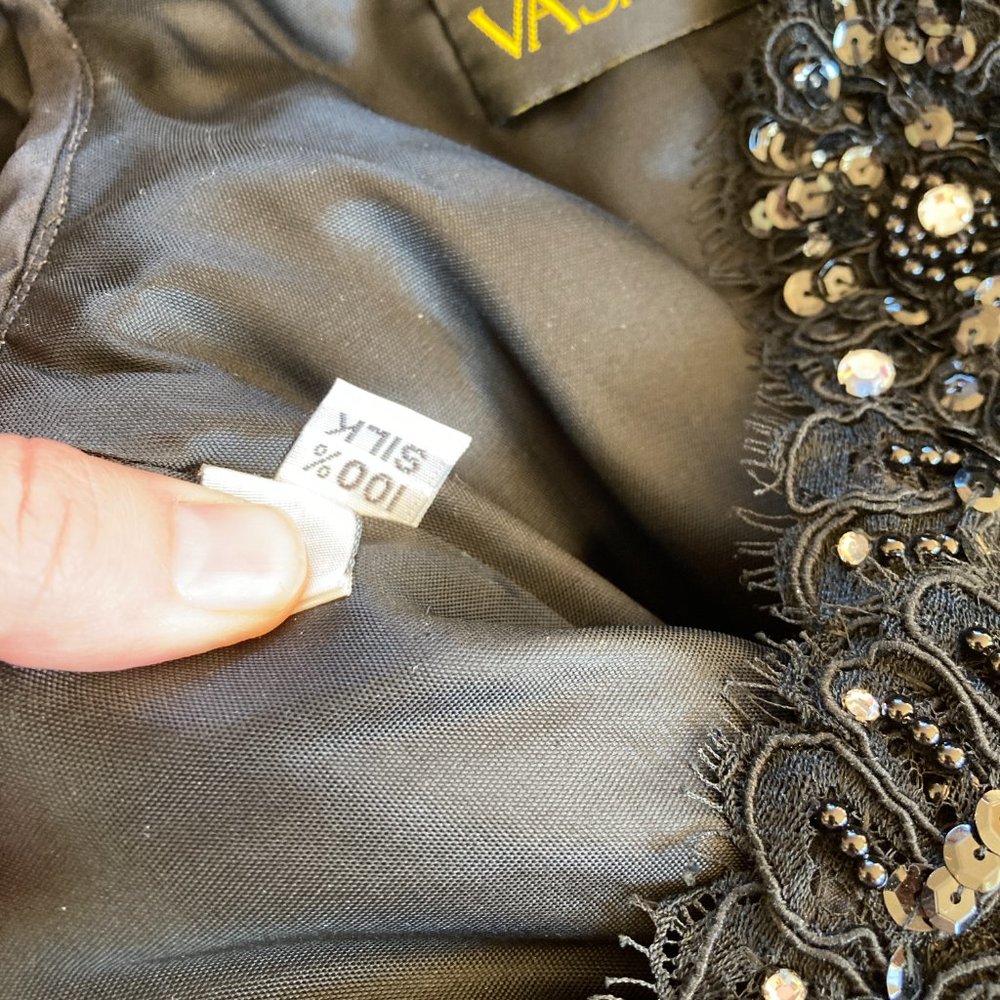 Black, Silk Dress with Silver, Beaded Embroidery by Vasarri - Picture 11 of 14